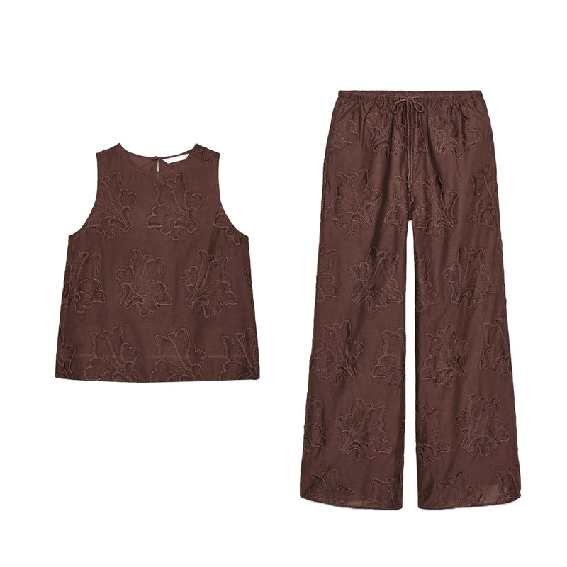 Summer Cotton Blend Embroidered round Ne Svel Top Matching Pants Spwear Sle Two-Piece Set Long Pants ort Sve
