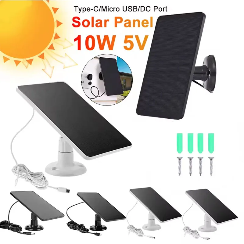 10W 5V Solar Panel Outdoor Solar Cells Charger Type-C/Micro USB/DC Port Charge Port for Security Camera/Home Light System