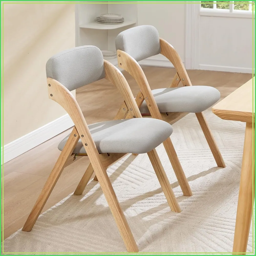 2-Pack Folding Chairs with Linen Cushion, Padded Wood Dining Chairs, Light Grey