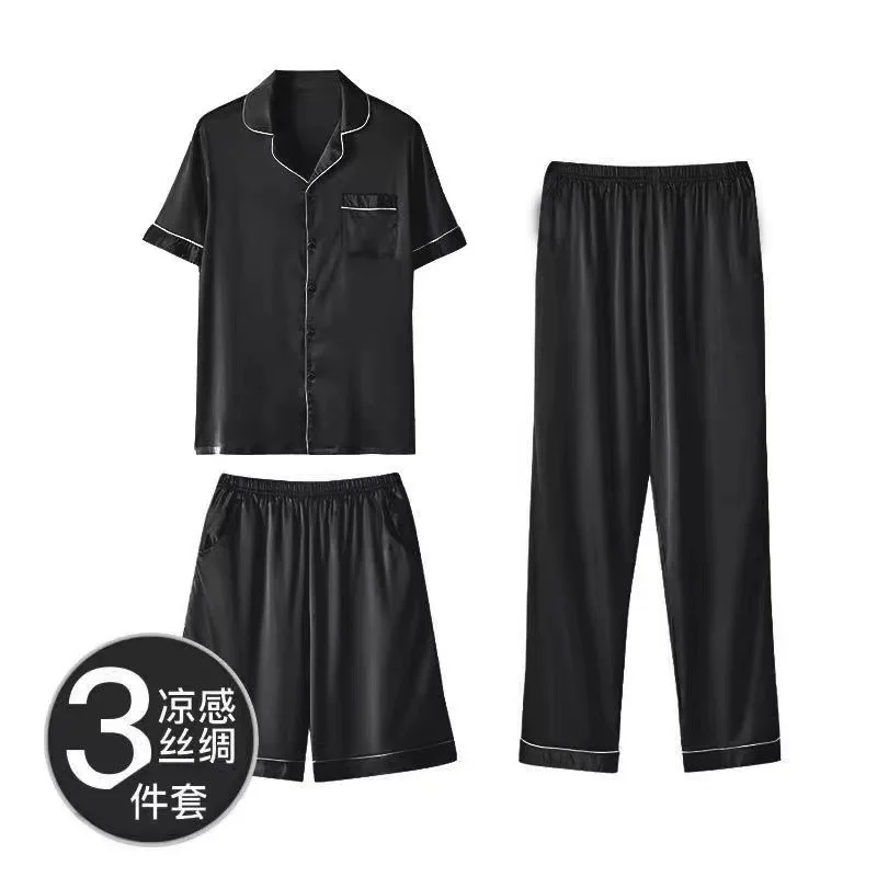 Large Size Men's Three-Piece Pajamas Summer Satin Silky Homewear Short-Sleeved Shorts Long Pants Suit Casual Loungewear Outwear