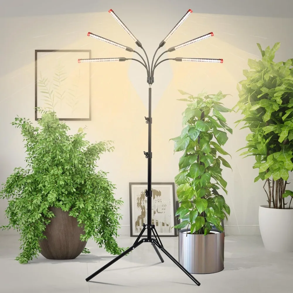 Luz de cultivo LED de 6 cabezales con soporte y temporizador, altura ajustable de 54 W para plantas de interior, bonsái, inicio de semillas