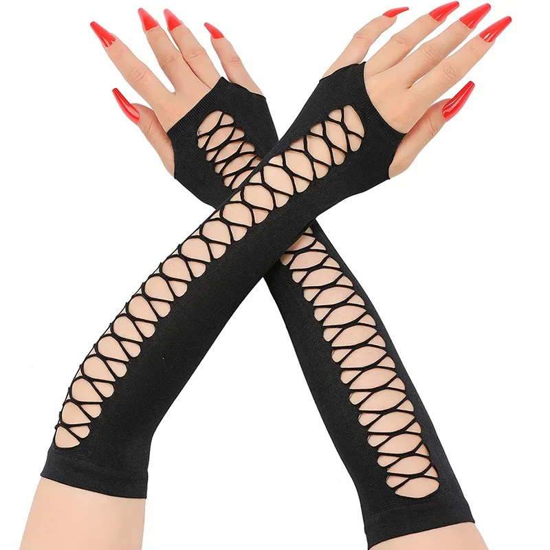 Halloween Black Fishnet Fingerless Long Gothic Gloves Elasticity Arm Cuff Party Wear Women Gloves Cosplay Mitten