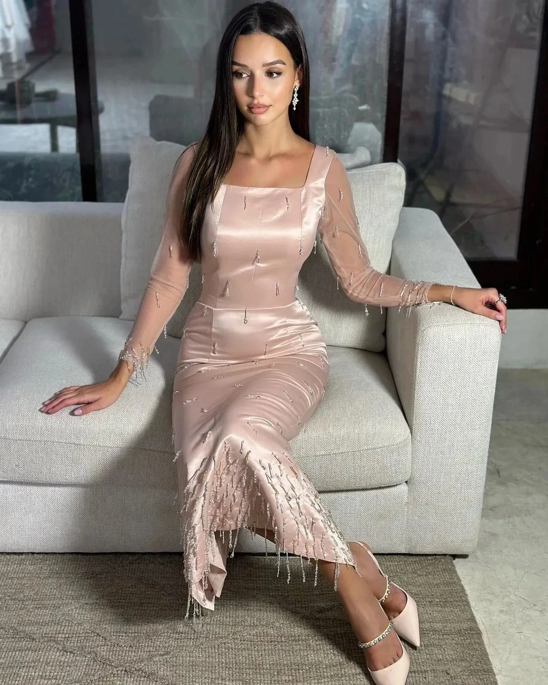 

Flora Dress Pink Satin Mermaid Prom Gowns Square Collar Long Sleeves Wedding Party Dress Beadings Ankle Length Evening Gown