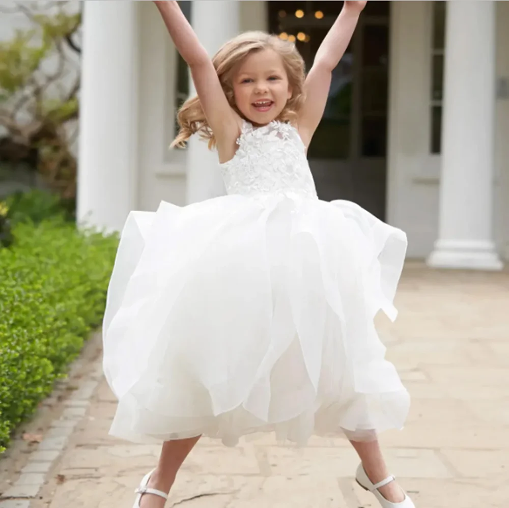 

Customized Ivory Flower Girl Dresses For Wedding Appliques Tulle Elegant Little Girl Holy First Communion Birthday Party Gown