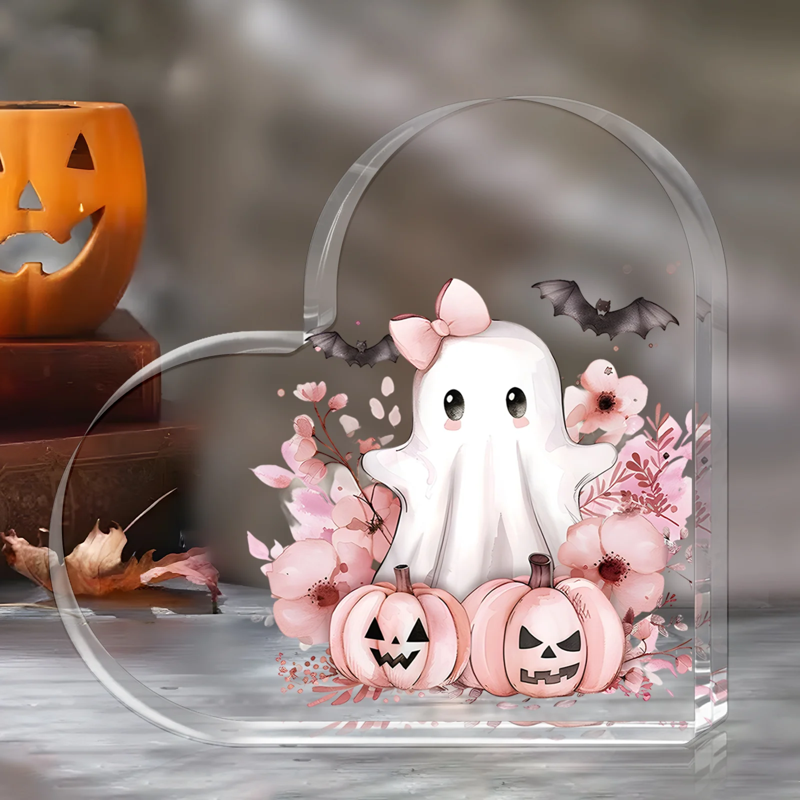 Pink Bow Ghost Heart‑Shaped Acrylic Plaque, Floral Pumpkin Halloween Desktop Decor