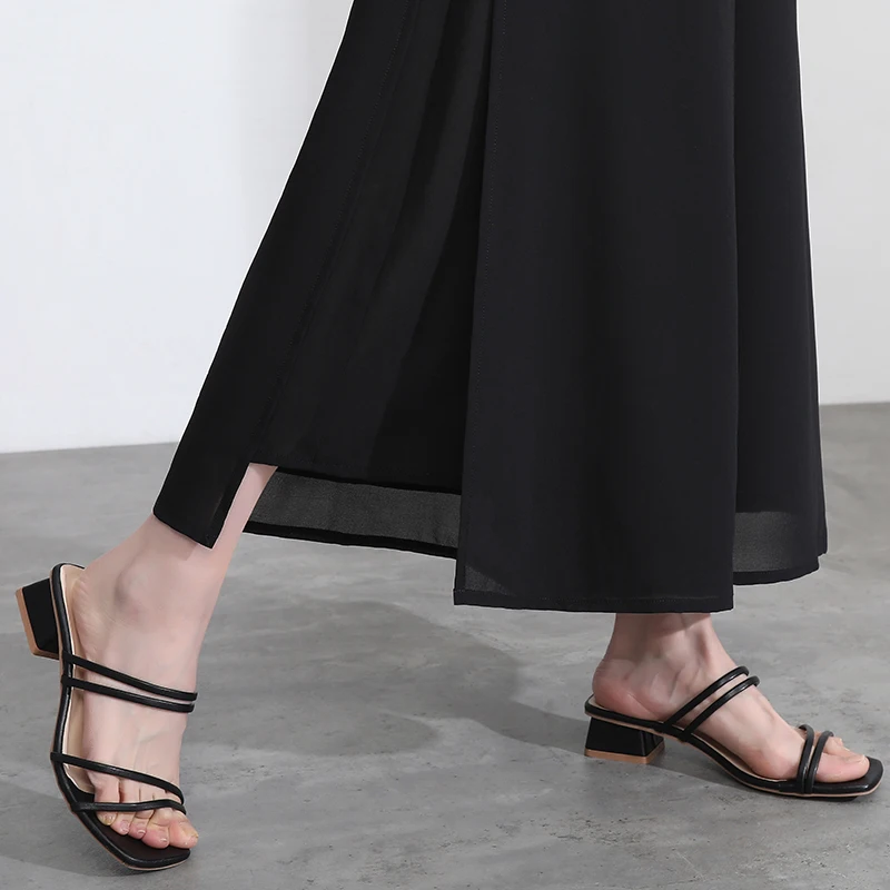 Women Side Slit Chiffon Pants Summer Thin Elastic Waist Wide Leg Pants Chic Droop Trousers Chinese Style Nine Point Pants