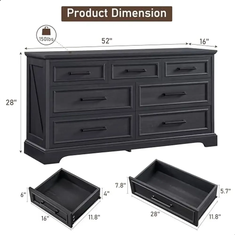 7 Drawer Farmhouse Chest of Drawers Bedroom TV Stand Modern Wood Drawer Black Grey Brown White 52