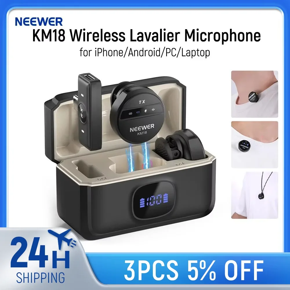 Neewer Wireless Lavalier Microphone for USB C with Charging Case, Compatible with iPhone/Android/PC/Laptop, 48KHz/24Bit