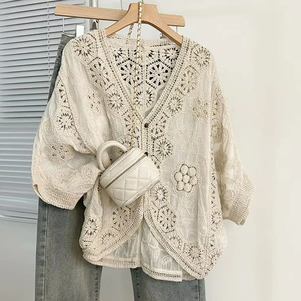 

Модный кружевной кардиган с цветочным узором, рукава 3/4, открытый спереди, в стиле бохо, с V-образным вырезом, на пуговицах, ажурный, для повседневной носки
