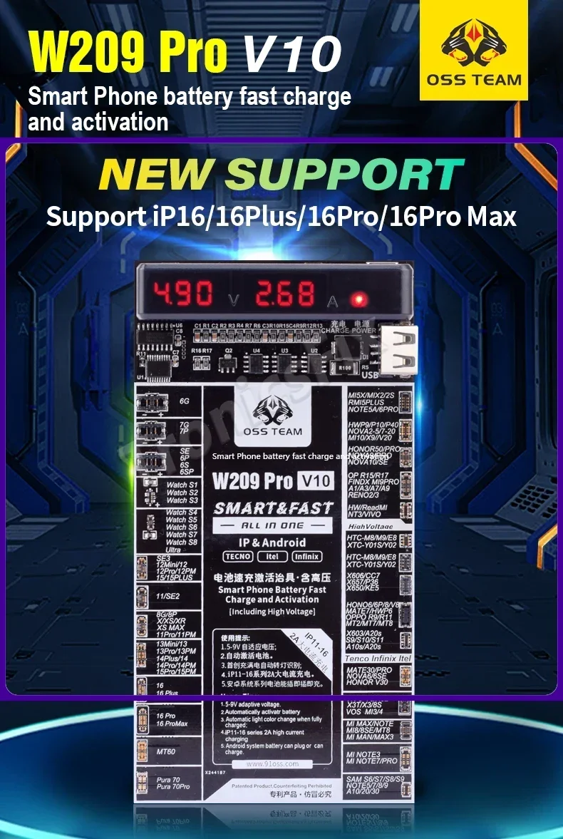 

OSS W209 Pro V10 Плата активации аккумулятора для iPhone X-16PM IWatch S1-S8 Xiaomi Samsung Быстрая зарядка Обнаружение напряжения тока