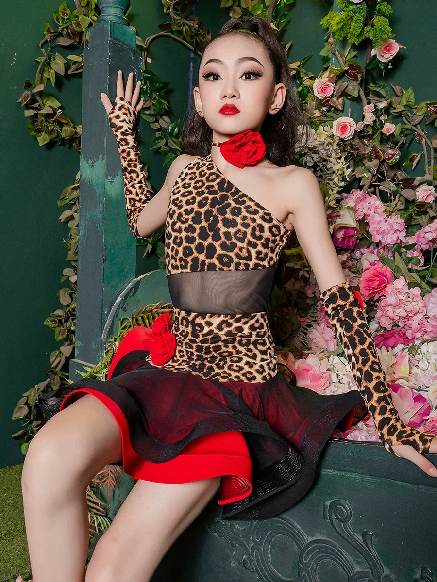 Cha Cha Rumba Girls Latin Dance Performance Costume Leopard Suit Kids Tango Samba Dance Practice Clothes Competition Dress