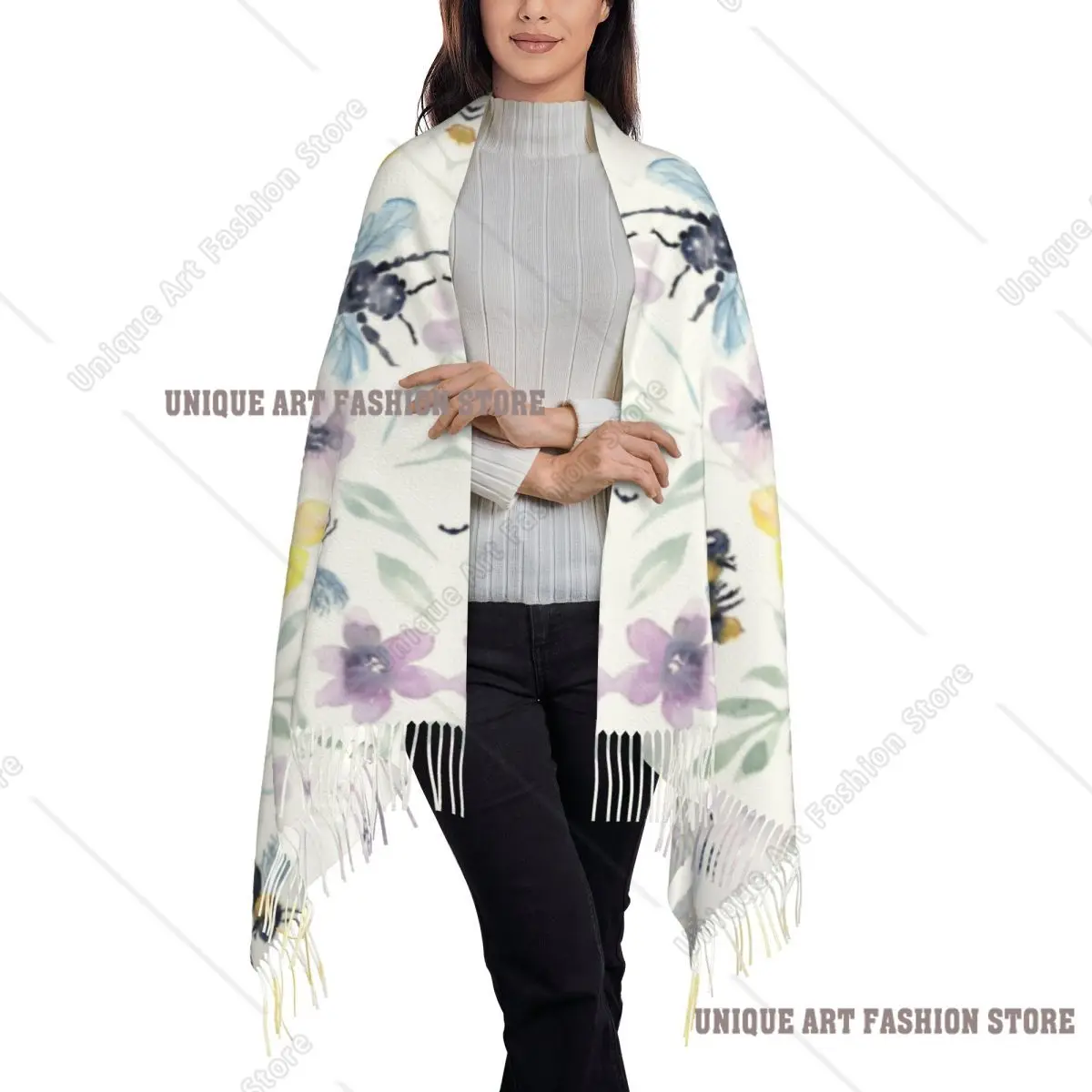 مخصص طباعة المائية النحل Pollinators مع الأزهار وشاح الرجال النساء شتاء خريف الأوشحة الدافئة شال التفاف