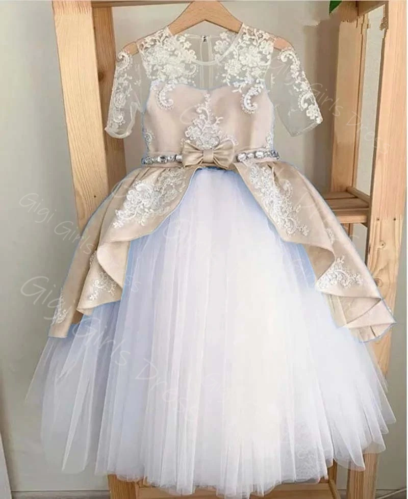 Vestido de niña de flores realimado para boda 2-14 niños vestido de comunión de manga corta con cuello transparente y fajas de cristal personalizado