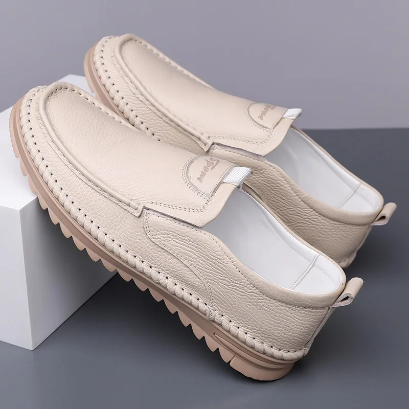 الرجال أحذية من الجلد الحقيقي 2026 الربيع لينة وحيد عدم الانزلاق اليدوية حذاء كاجوال موضة الخياطة في الهواء الطلق الشقق المتسكعون Szie 39-48 #4