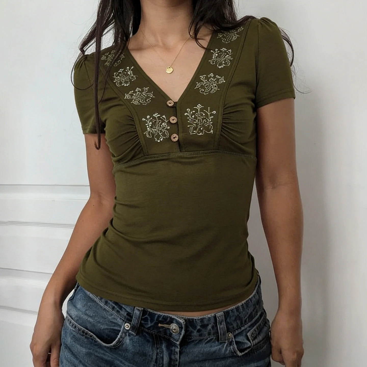 IAMSURE-Vintage V-Neck Floral Printed Short Sleeve T-shirts Women Slimming Buttons Decorated Casual Top Tees Summer Clothing New