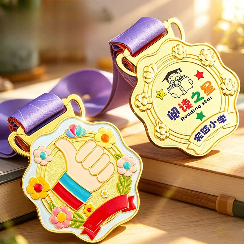 Customized Thumb Pattern Metal Medal Gold, Silver, Bronze Children's Student Sports Competition Souvenir Decor Neck Hanging, 2Pc
