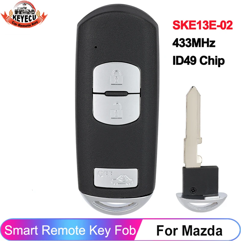 

KEYECU Model: SKE13E-02 433MHz ID49 Chip For Mazda 2 3 6 CX-3 CX-5 MX-5 2018+ 3 Button Smart Remote Key Fob