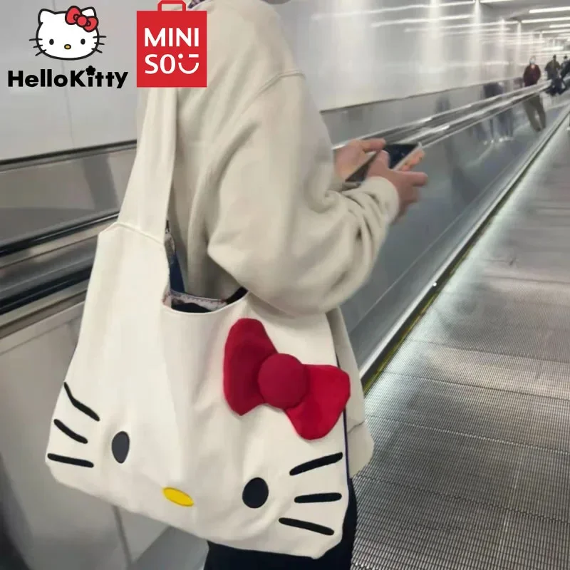 Sanrio Kawaii Hello Kitty Canvas Bags Anime Kt Cat Shoulder Bag Women Casual Tote Foldable Handbag Large Capactiy Storage Bag