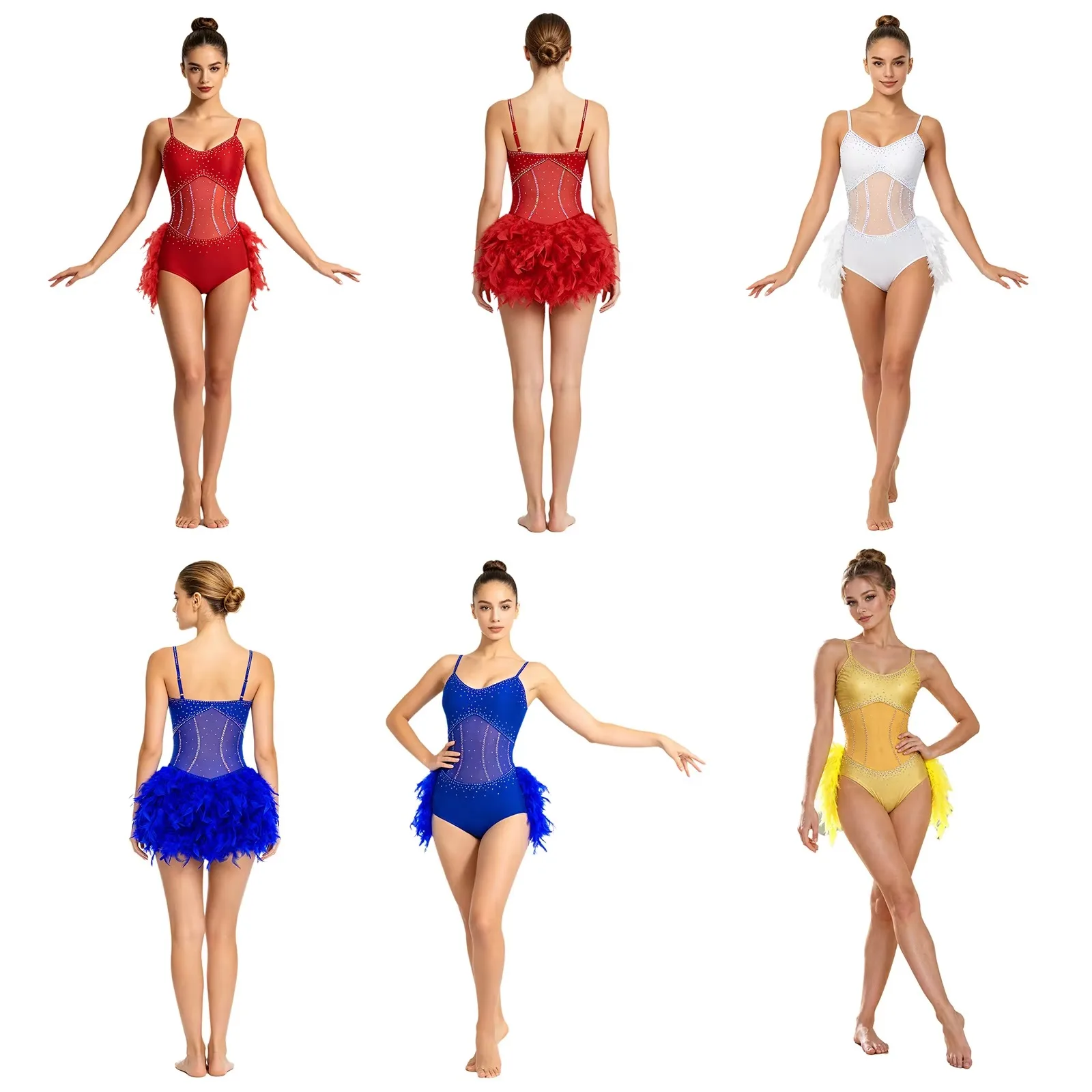 Women Shiny Rhinestone Feather Latin Dance Skating Gymnastics Bodysuit Dress Rumba Samba Cha-cha Tango Ballroom Salsa Costume