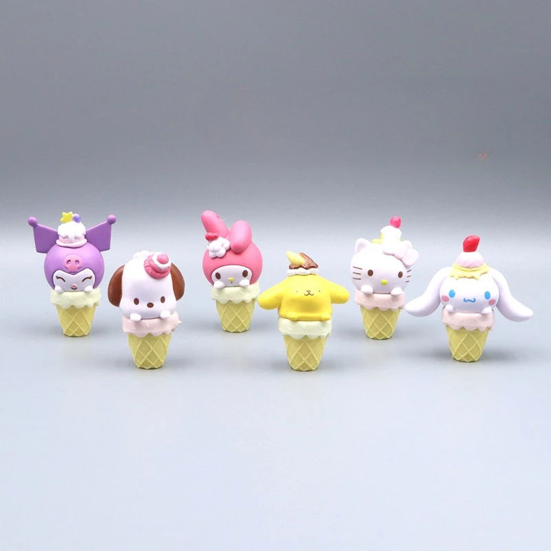 6Pcs/set Sanrio Anime Figure Cone Ice Cream Hello Kitty My Melody Cinnamoroll Model Doll Toy Decorative Ornament Kids Gift