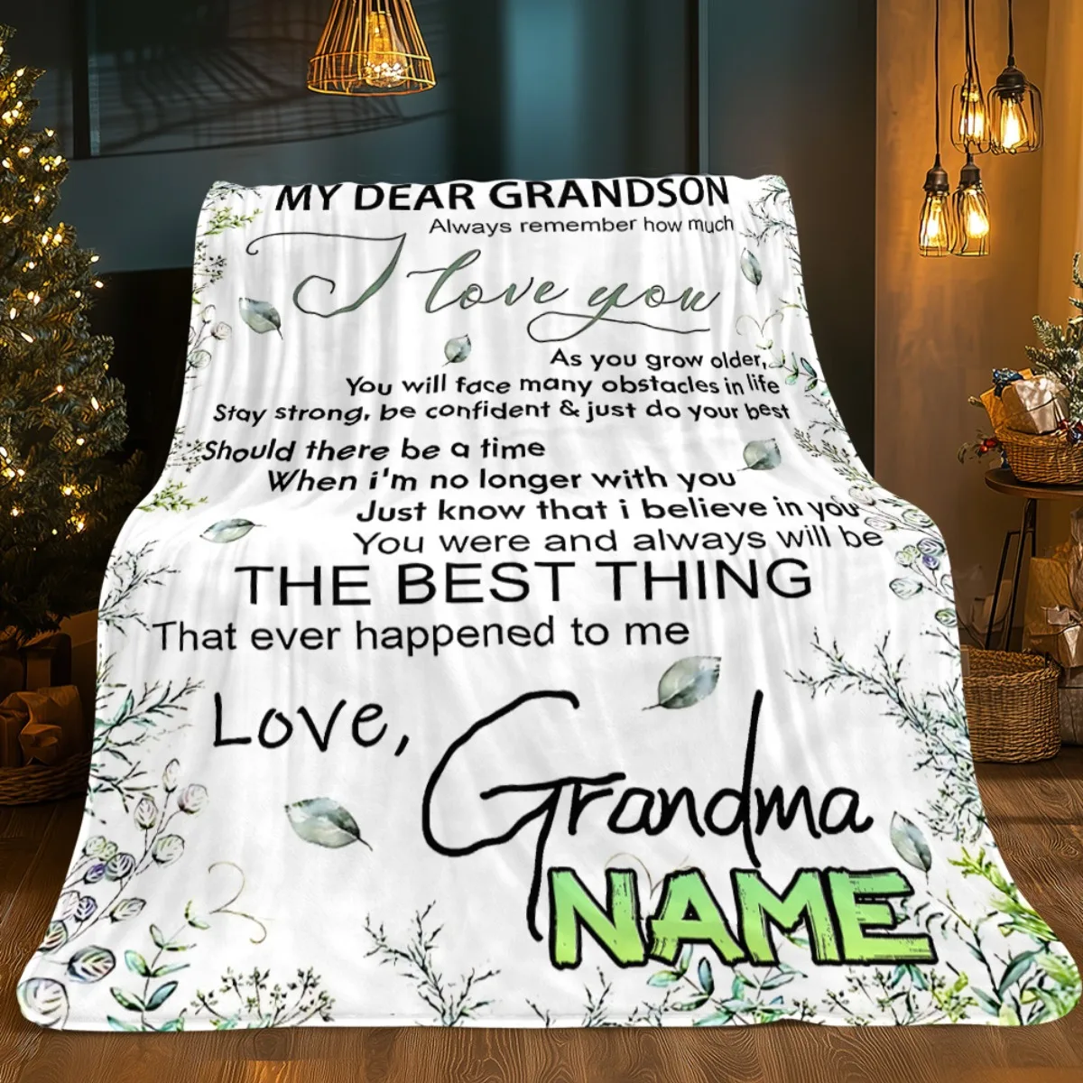 Personalized Grandma Grandson Letter Printed Blanket Custom Name Soft Flannel All-Season Throw for Sofa Bed Couch Office Camping