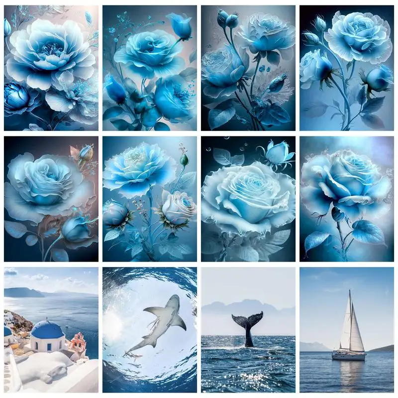 RUOPOTY Painting on Numbers Blue Rose Flower Digital Painting Oil Picture On Canvas By Numbers Acrylic Kits Coloring By Number