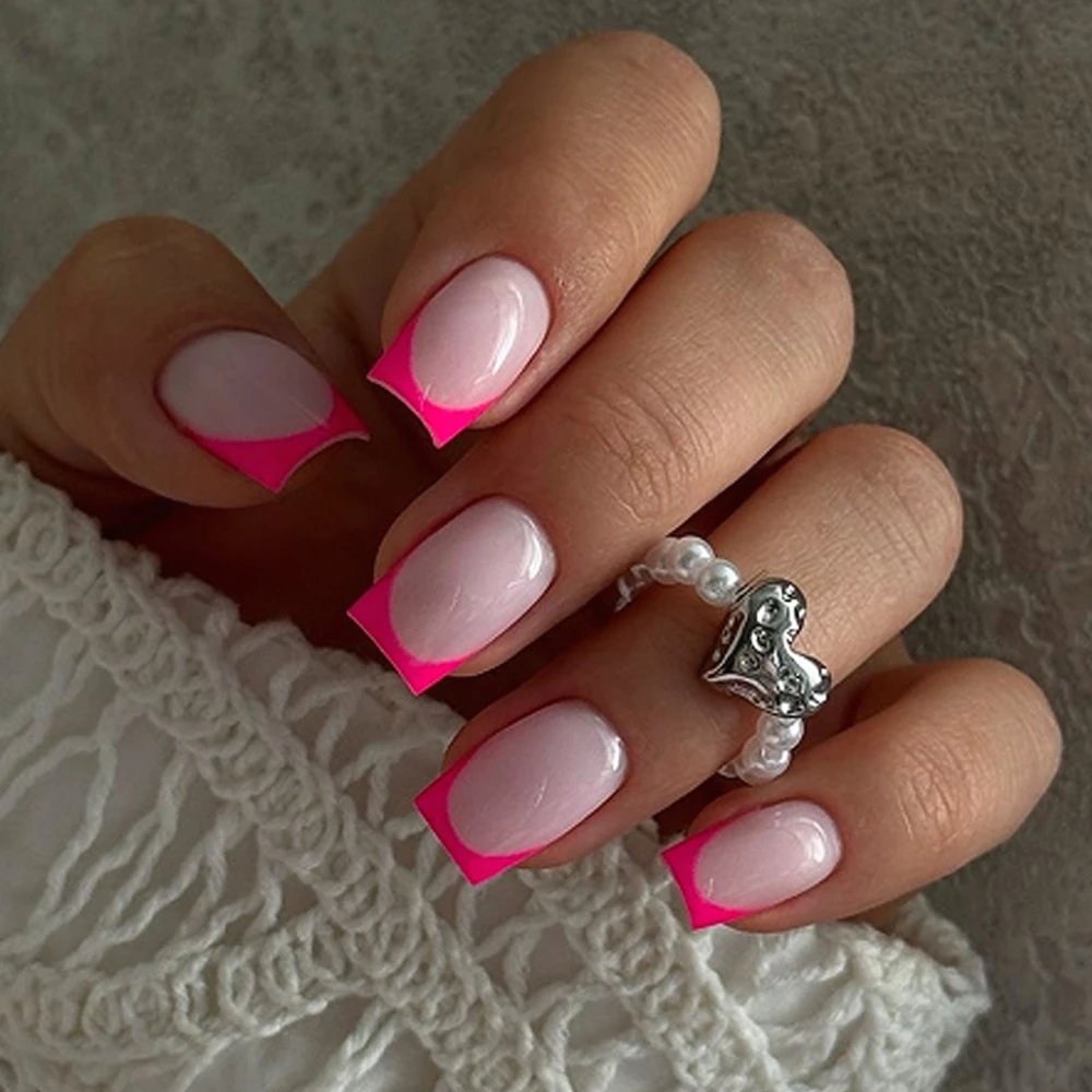 

Rose Red French Wearable Nail Art Summer Fashion Simple Long Square Fake Nails Detachable Finished False Nails Press on Nails