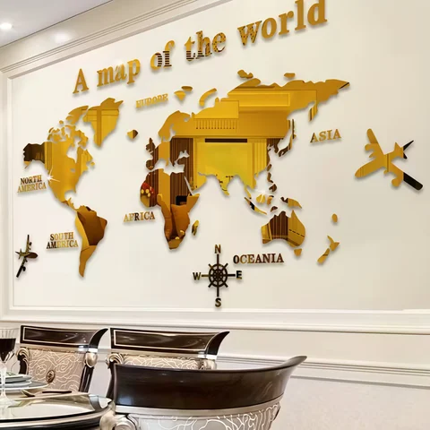 Mappa del mondo in acrilico 3D versione europea, decorazione adesiva da parete a specchio, parete di fondo per ufficio in stile europeo, decorazione domestica