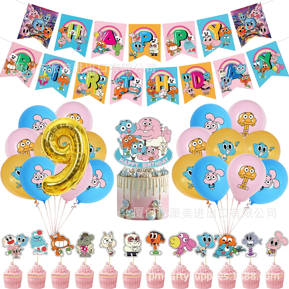Animierte Komödie G&Gumballes Kindergeburtstag Party Dekoration Tortenaufsatz Zahlenballon Cartoon Hase Katze Hintergrund Partyzubehör