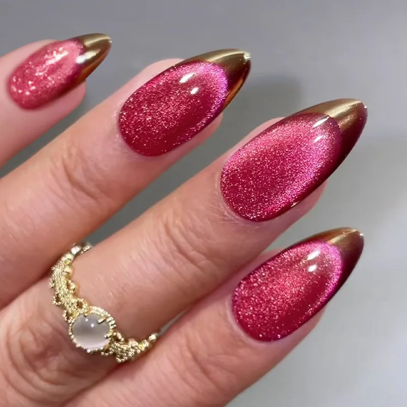 

24Pcs Red Cat's Eye Nails Set Press on Golden French Design False Nails Mid-length Almond Detachable Full Cover Fake Nails Tips