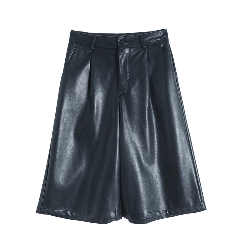 High Quality PU Leather Capri Pants New Women 2026 Autumn Winter Chic Short PU Leather Pants Elegant LeatherTrousers