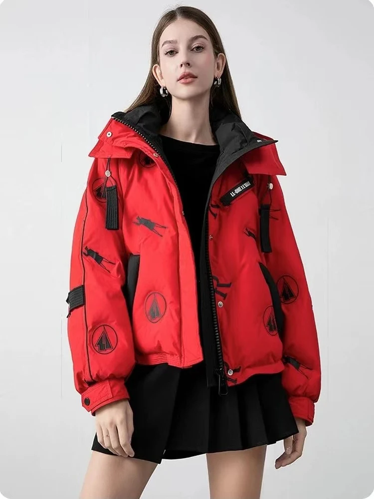 Kurze Daunenjacke mit Kapuze, modisch, 2025, dick, warm, neuer Winter, Spleißen, kontrastierender Buchstabe, Entendaunen, trendige Markenjacke