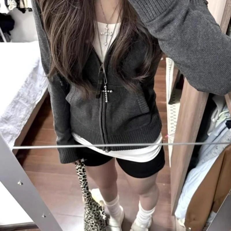 Deeptown Gray Hooded Knitted Cardigan Women Korean Style Vintage Zipper Sweaters Knitwear Casual Female Long Sleeve Cardigan