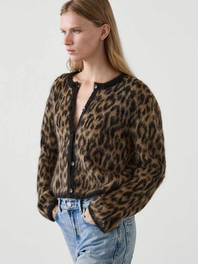 American Round Neck Leopard Print Coat For Women, 2024 Autumn And Winter New Product, High-End Retro Cardigan