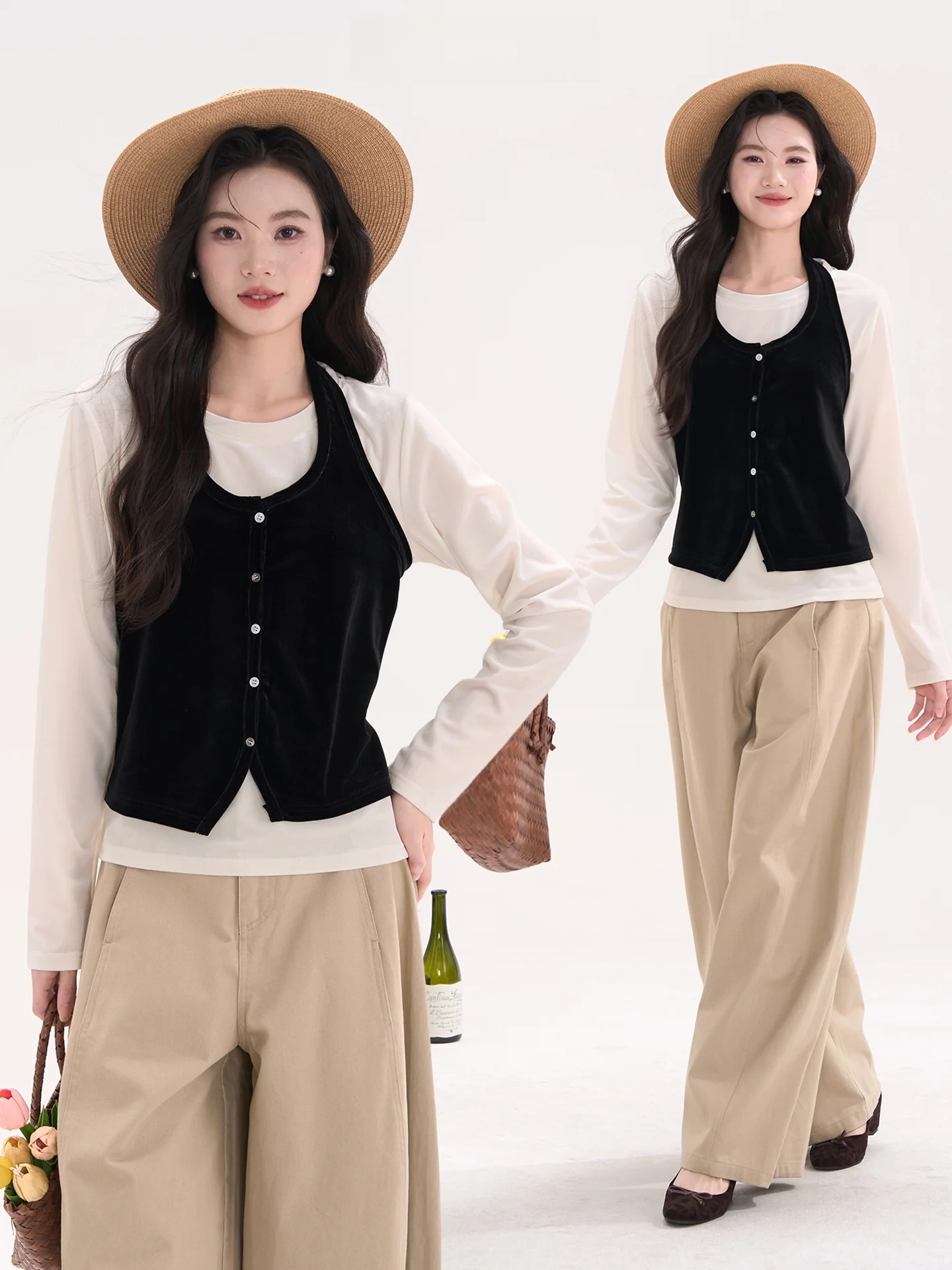 

Женский весенний модный комплект из двух предметов Heme Lazy Poem: бархатная футболка с длинным рукавом и удобная дышащая свободная базовая футболка