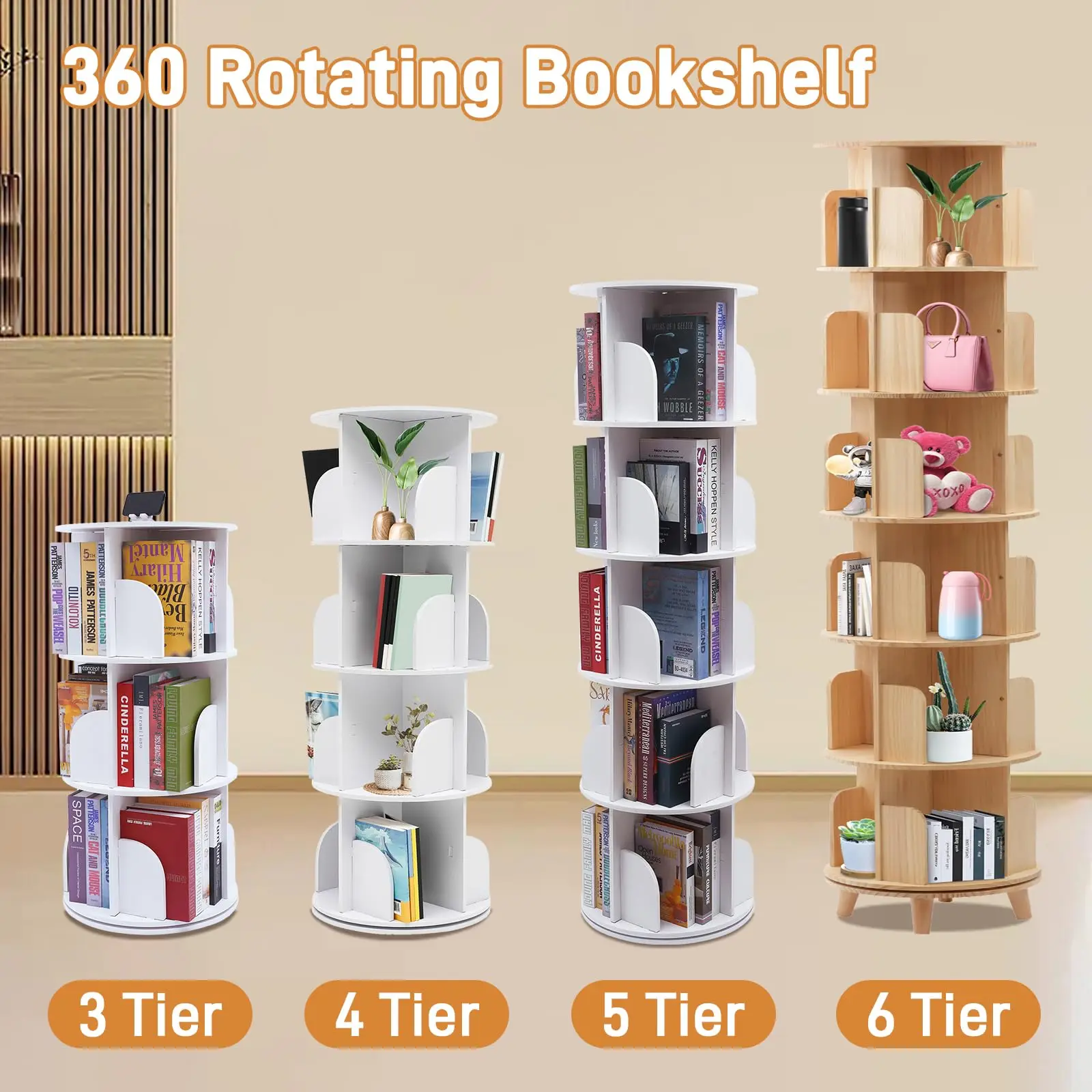 رف كتب دوار من 5 طبقات، برج 360 درجة، خزانة كتب قائمة على الأرض، رف كتب دائري، رف كتب دائري، جهاز دوار
