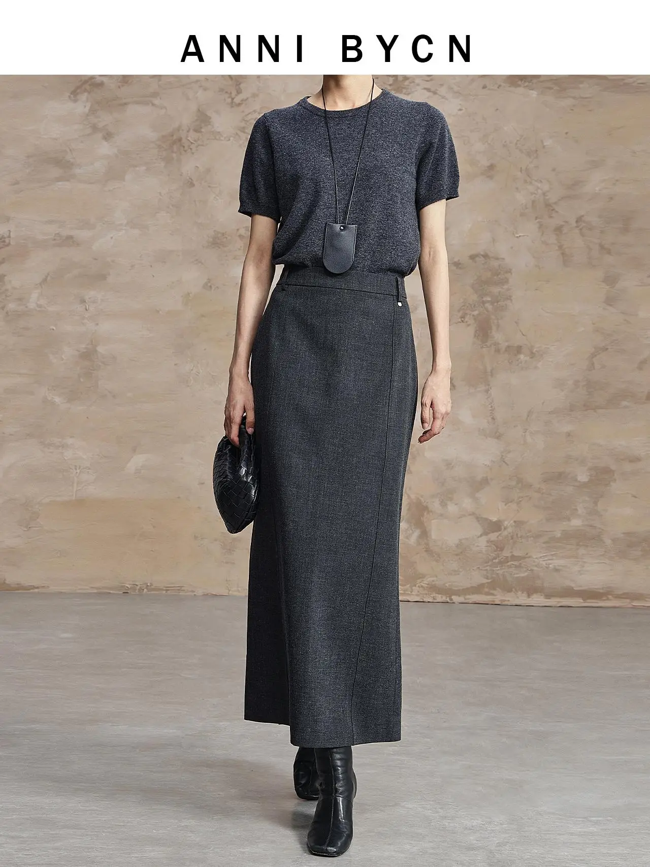 

Annibycn Grey Wool High Waist Midi Skirt Women's Spring Autumn Elegant Slimming Long Suit Skirt OL Style Commute Fashion