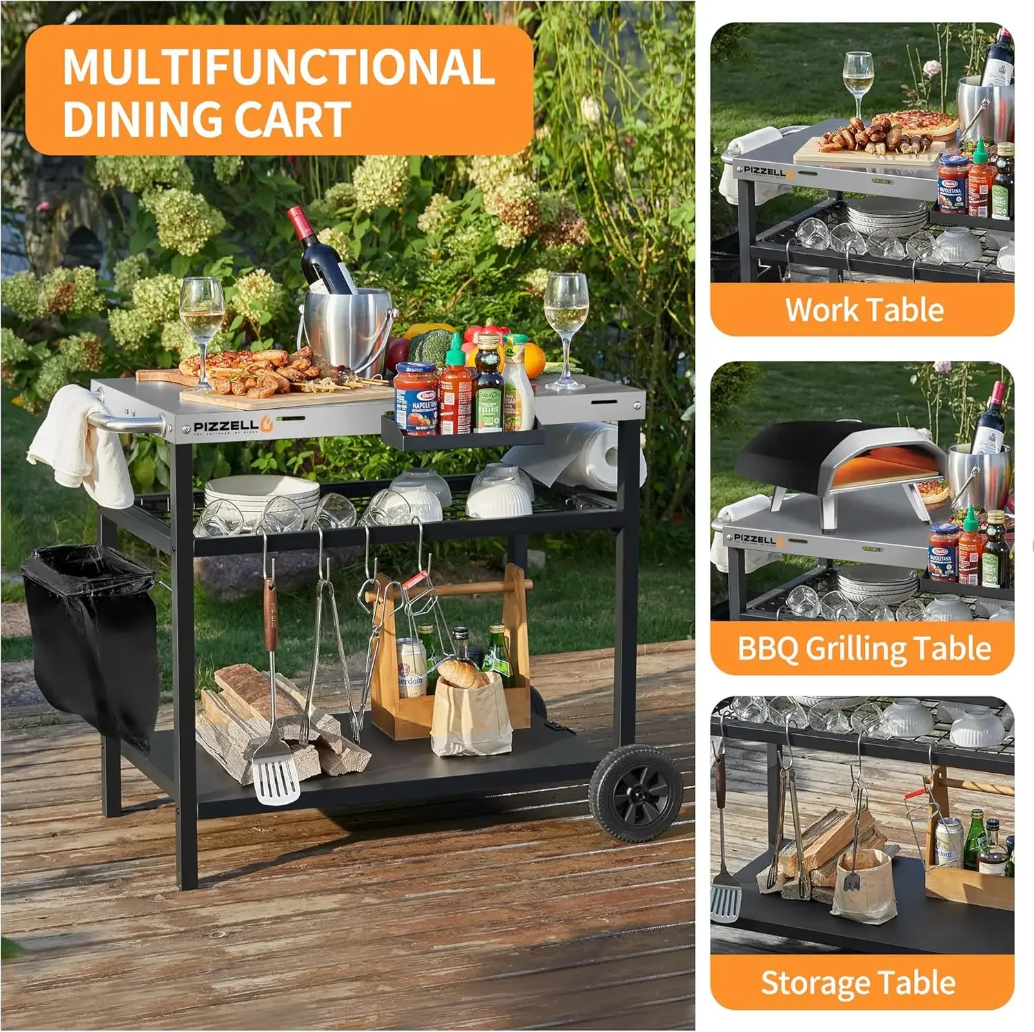 Outdoor Grill Cart Three-Shelf Pizza Oven Stand Table with Wheels Dining Cart Table for Outside Patio, Movable Kitchen Cooking