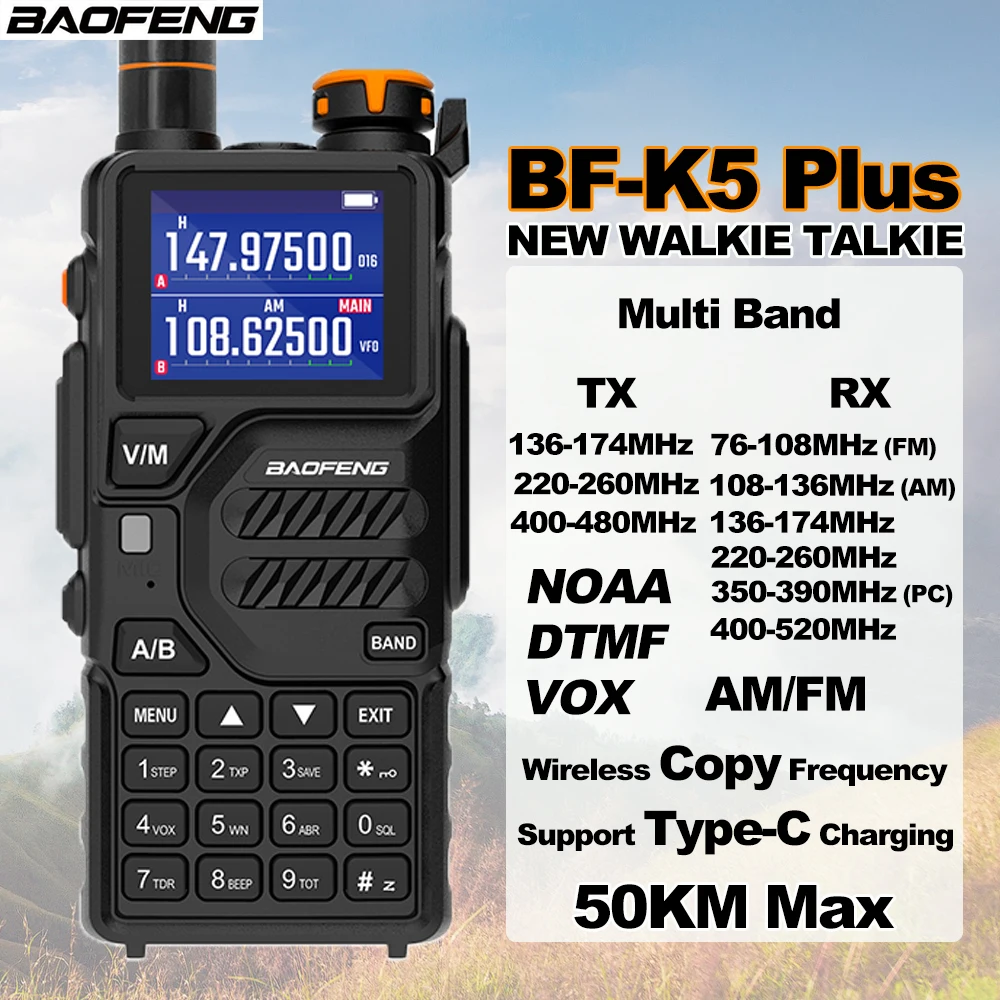 BAOFENG BF-K5 Plus Walkie Talkie AM FM 50KM Max Long Range Communication Radios Wireless Copy Frequency Support Type-C Charging