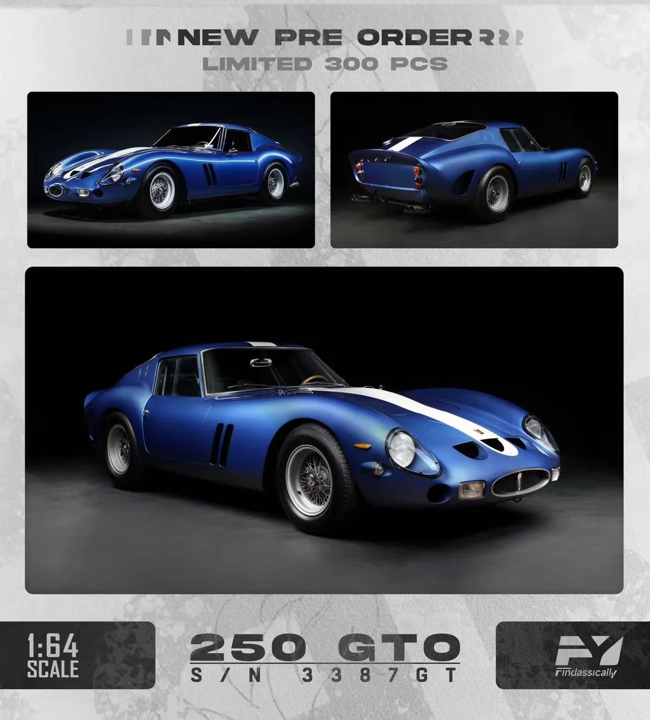 FindclassicallY 1:64 250 GTO Blue/Silver Model Car