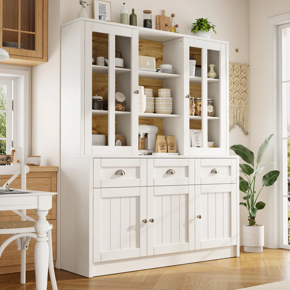 Vitrine haute minimaliste blanche 140×38.5×175 CM, meuble de rangement autoportant en verre avec tiroirs, meuble de rangement multifonctionnel pour cuisine, salon, salle à manger, maison
