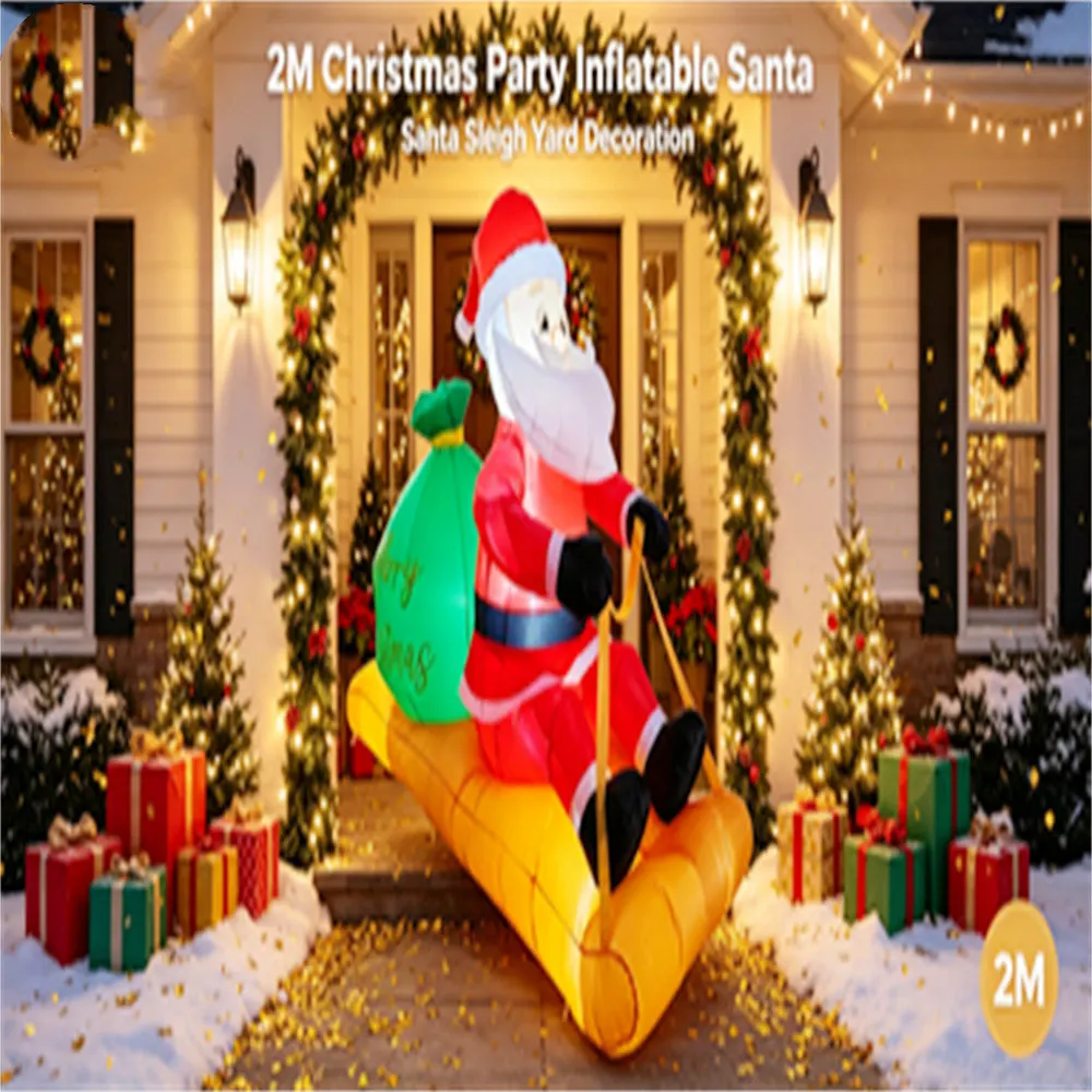 2M Christmas Inflatable Santa Claus on Sleigh with Gift Bag LED Light Up Blow Up Decoration Xmas Outdoor Yard Garden Home  Party
