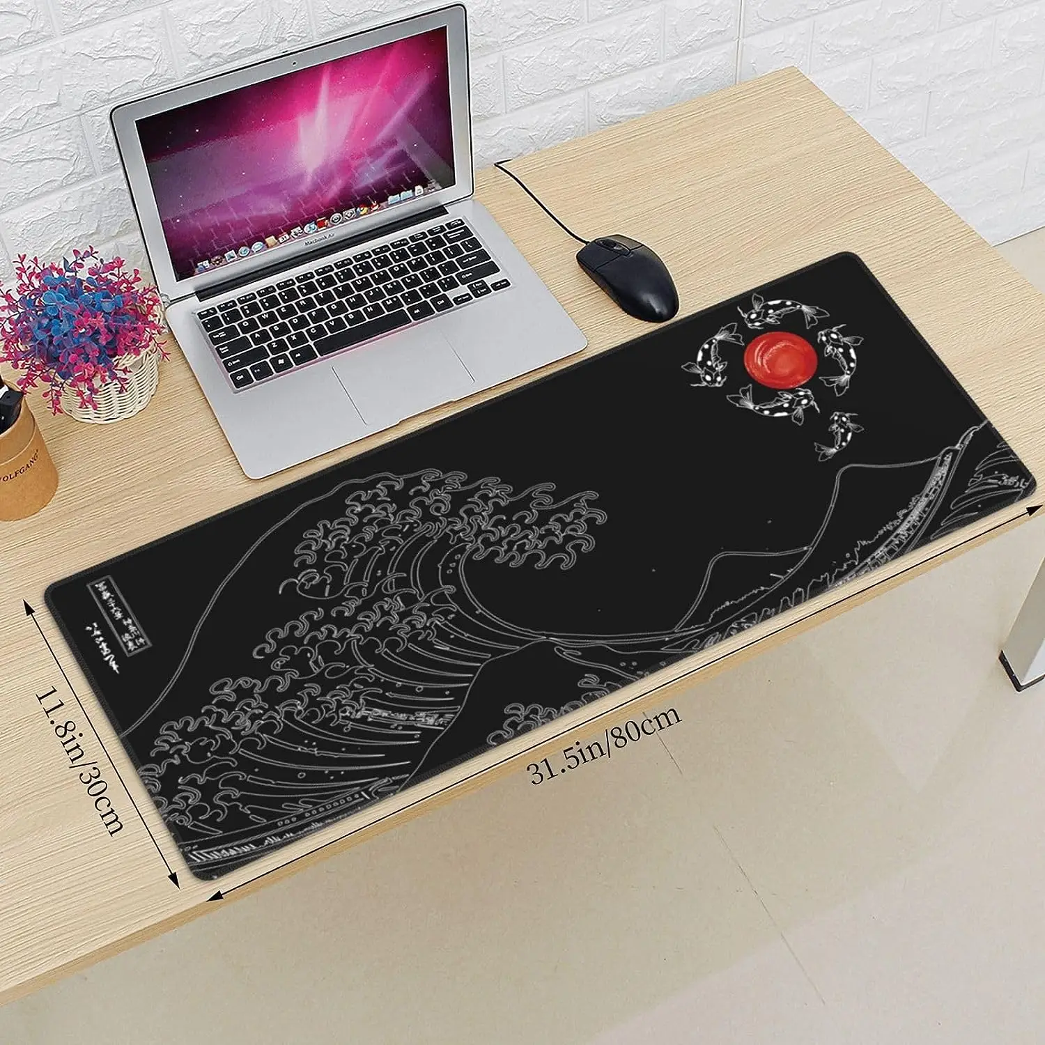 Non-Slip Rubber Mouse Pad com bordas costuradas, tapete impermeável do rato para o escritório, Onda Kanagawa japonês, Sun Koi Fish, 31.5 "x 11.8"