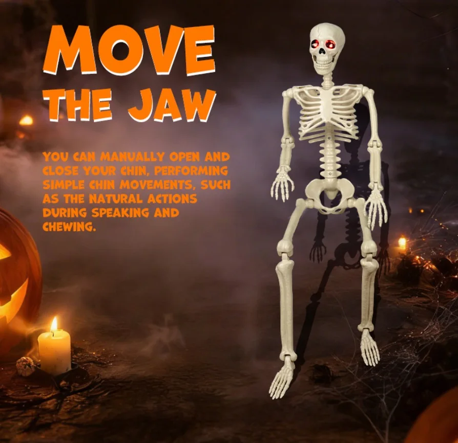90cm Movable Joints Halloween Skeleton,Simulation Skeleton with Glowing Eyes And Scary Sound for Halloween Decoration