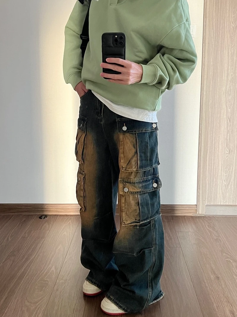 

Мужские брюки в стиле ретро American Sle, свободные прямые брюки, повседневные длинные брюки, джинсы с высокой талией на молнии