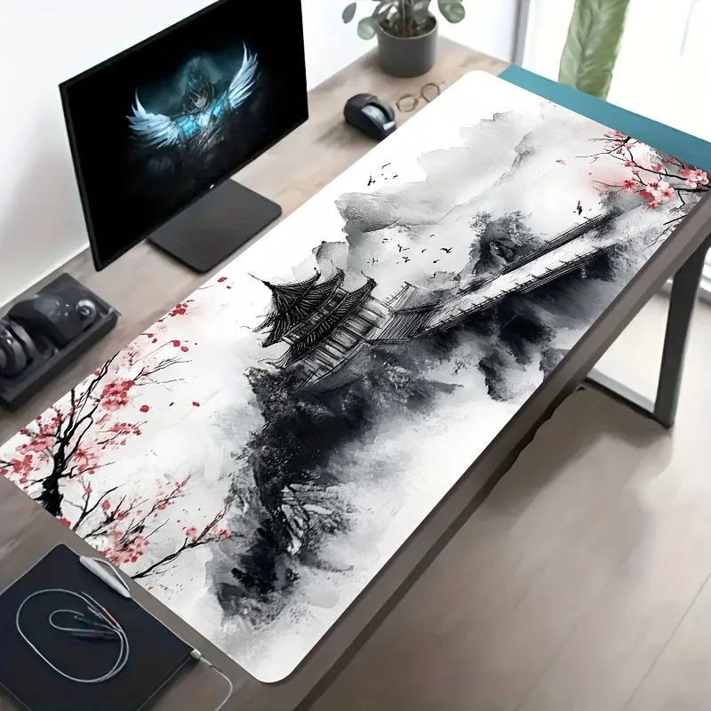 

Ink Style Plum Pavilion Landscape Printed Desk Pad Extra Large Soft Rubber Mouse Pad Traditional Aesthetic Multi-Size Desk Mat