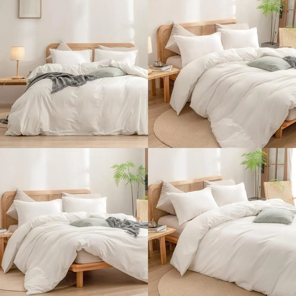 

Super Soft 100% Cotton Linen Feel Duvet Cover Set - Comfortable Lightweight 3 Piece Bedding Set in Solid Off-White for Chic Home