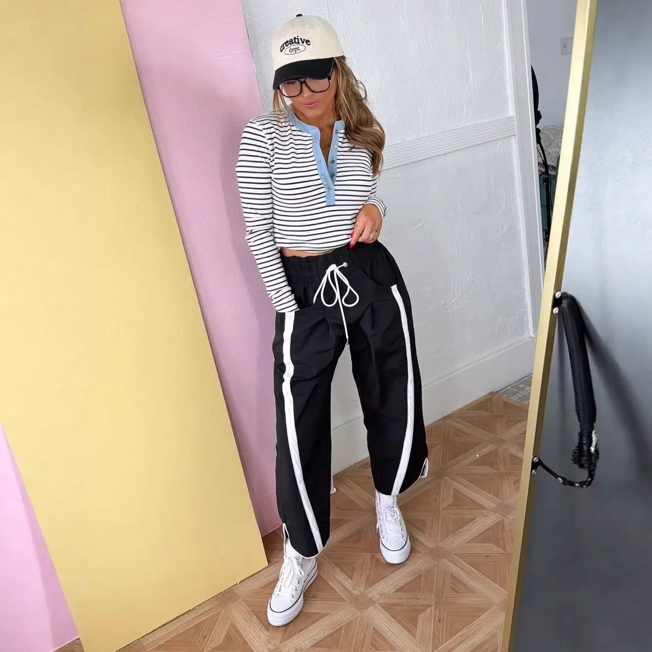 Women's Loose Fit Striped Color Block Elastic Waist Cropped Pants with Pocket Water Resistant Woman Clothes Female Clothing