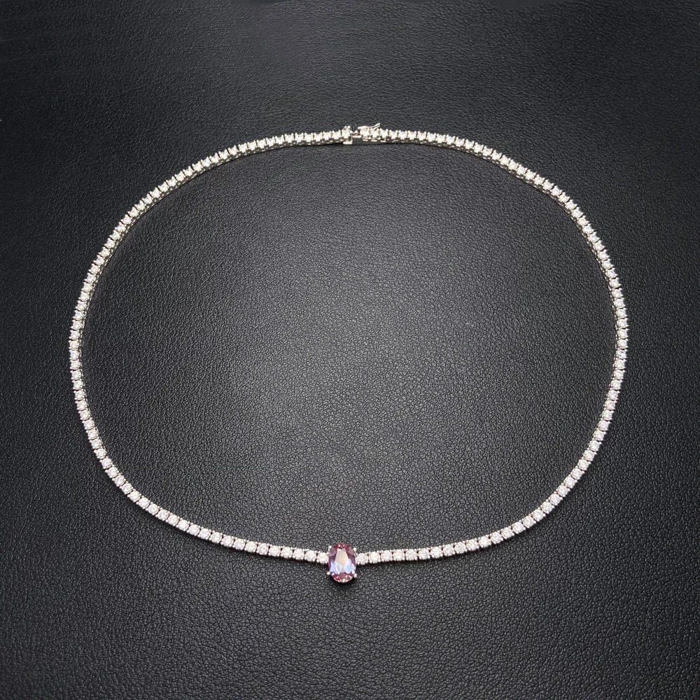 

Real 925 Sterling Silver Tennis Chain Choker Necklace Pave Lab Grown Alexandrite Oval 6*8mm for Women Lady Sparking Jewelry Gift