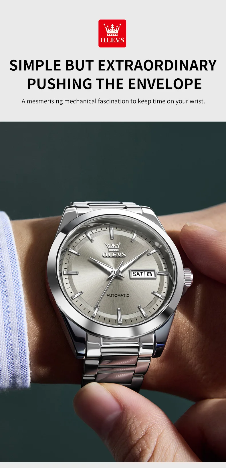 OLEVS 7090 Luxus Herrenuhr Neue Originalmarke Automatische Mechanische Uhren für Herren Stahlarmband Einfache Business Herren-Armbanduhr – Detail 2